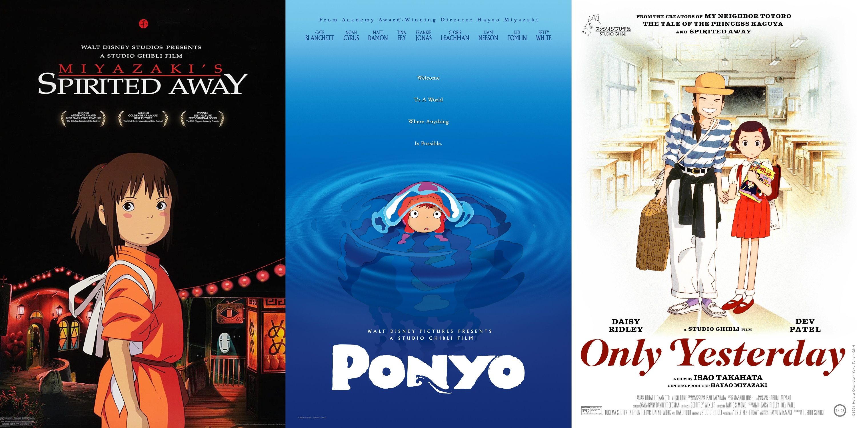 Collage of Spirited Away, Ponyo and Only Yesterday movie posters