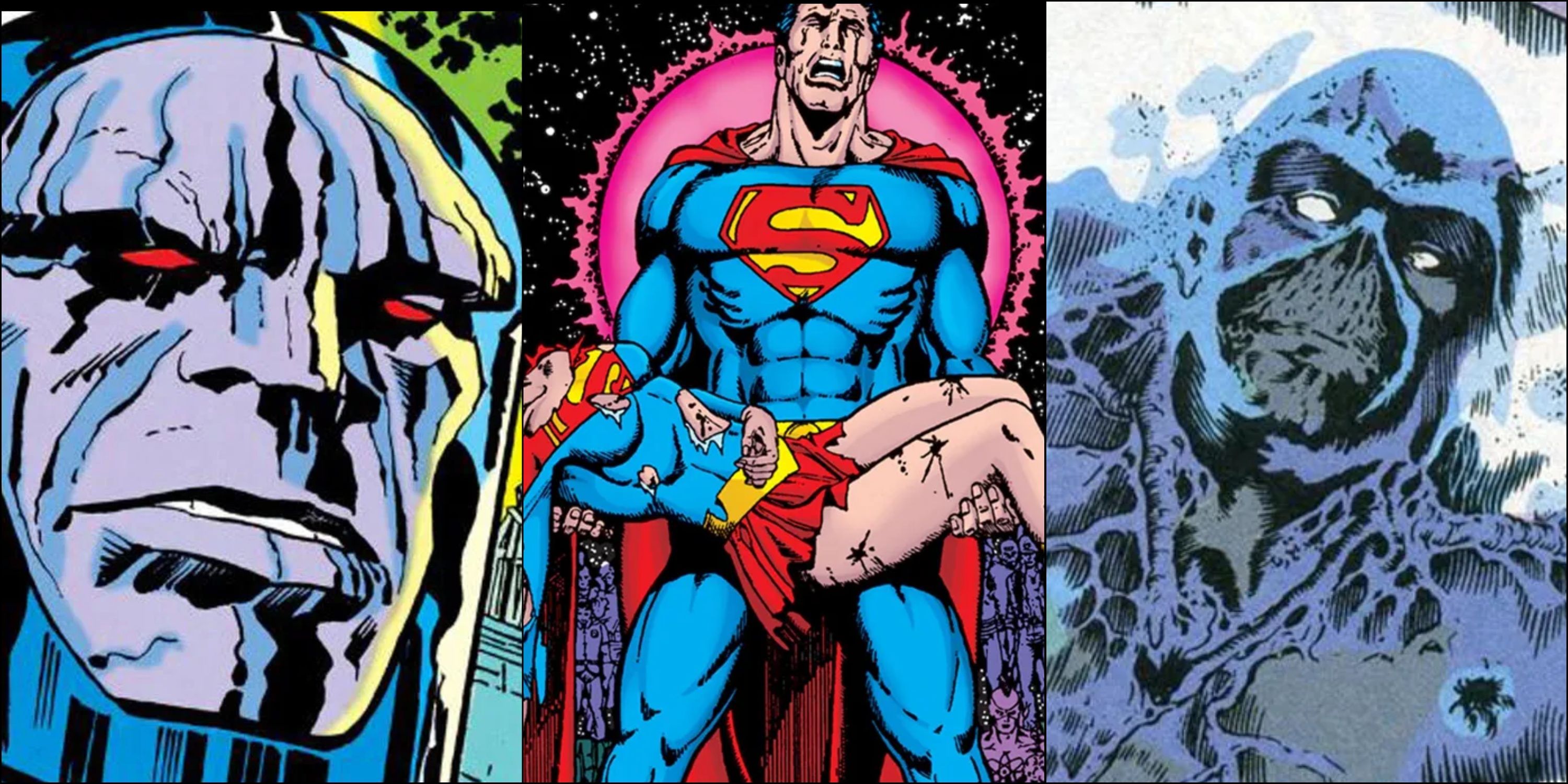 Split image Darkseid, Superman carries a dead Supergirl, Swamp Thing frozen in hibernation