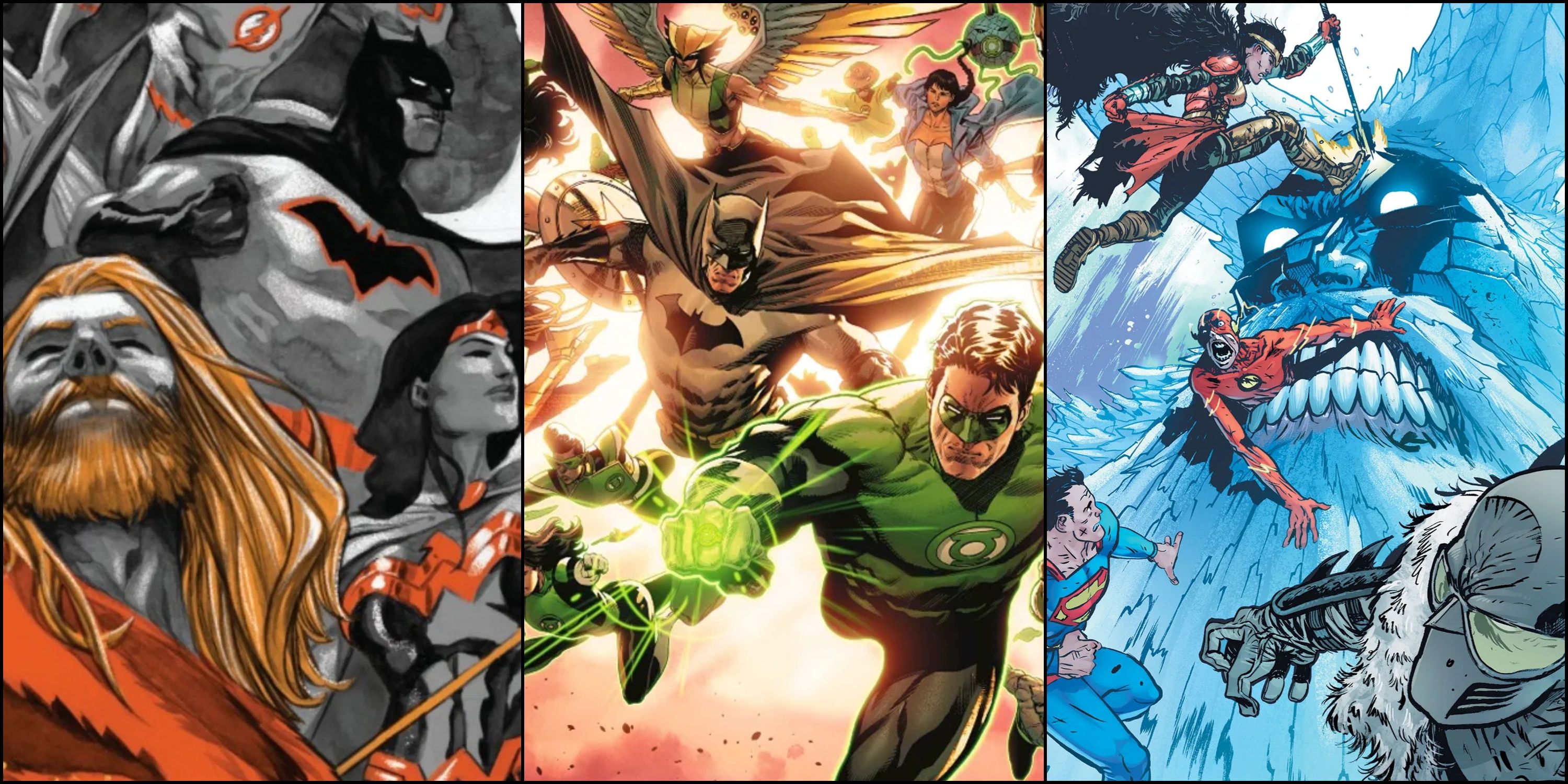 Split image Aquaman and Justice League, the Justice League Dark Crisis, JLA vs Frost King