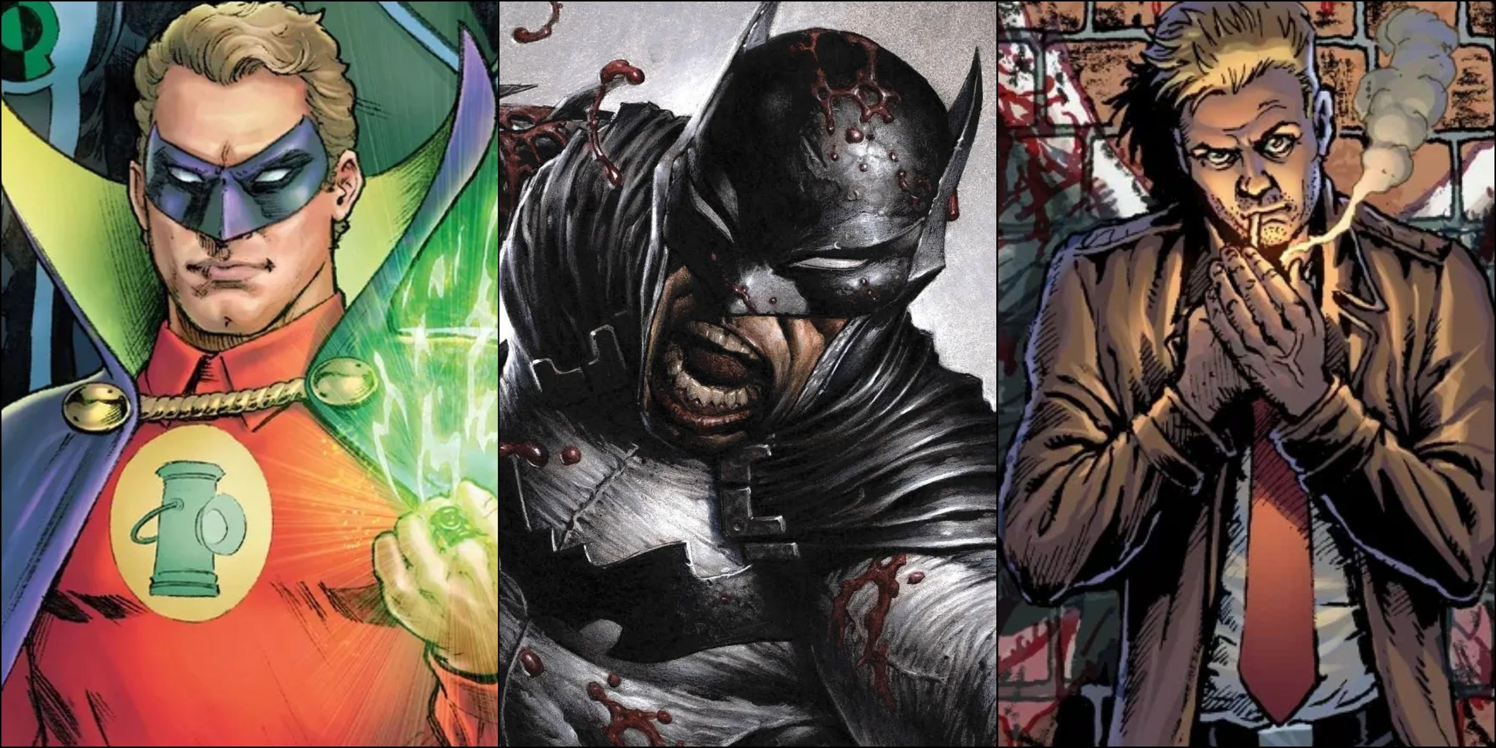 Split image Alan Scott Green Lantern, Batman and John Constantine