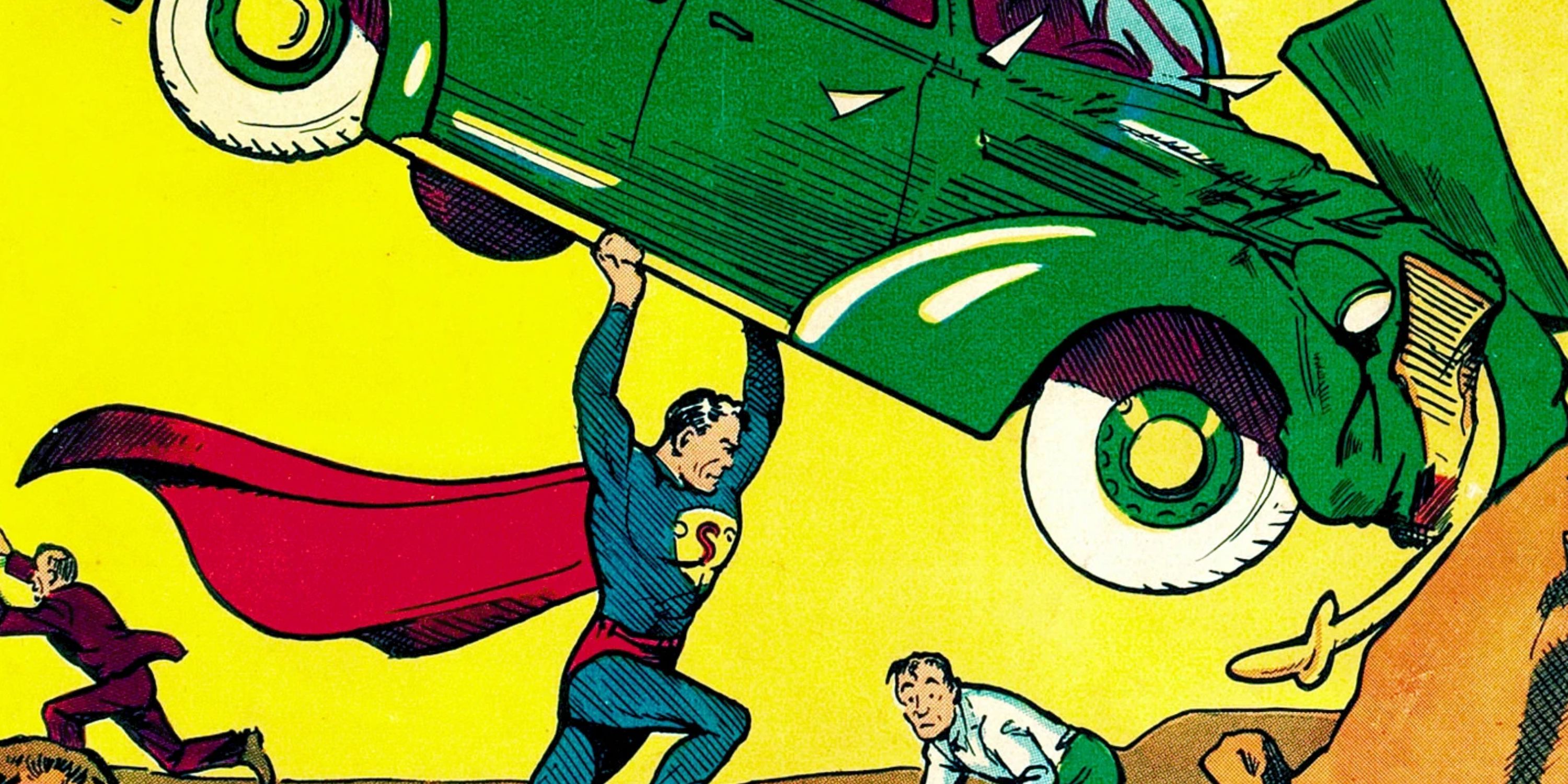 Superman lifting a car above his head and smashing it in DC Comics Action Comics 1