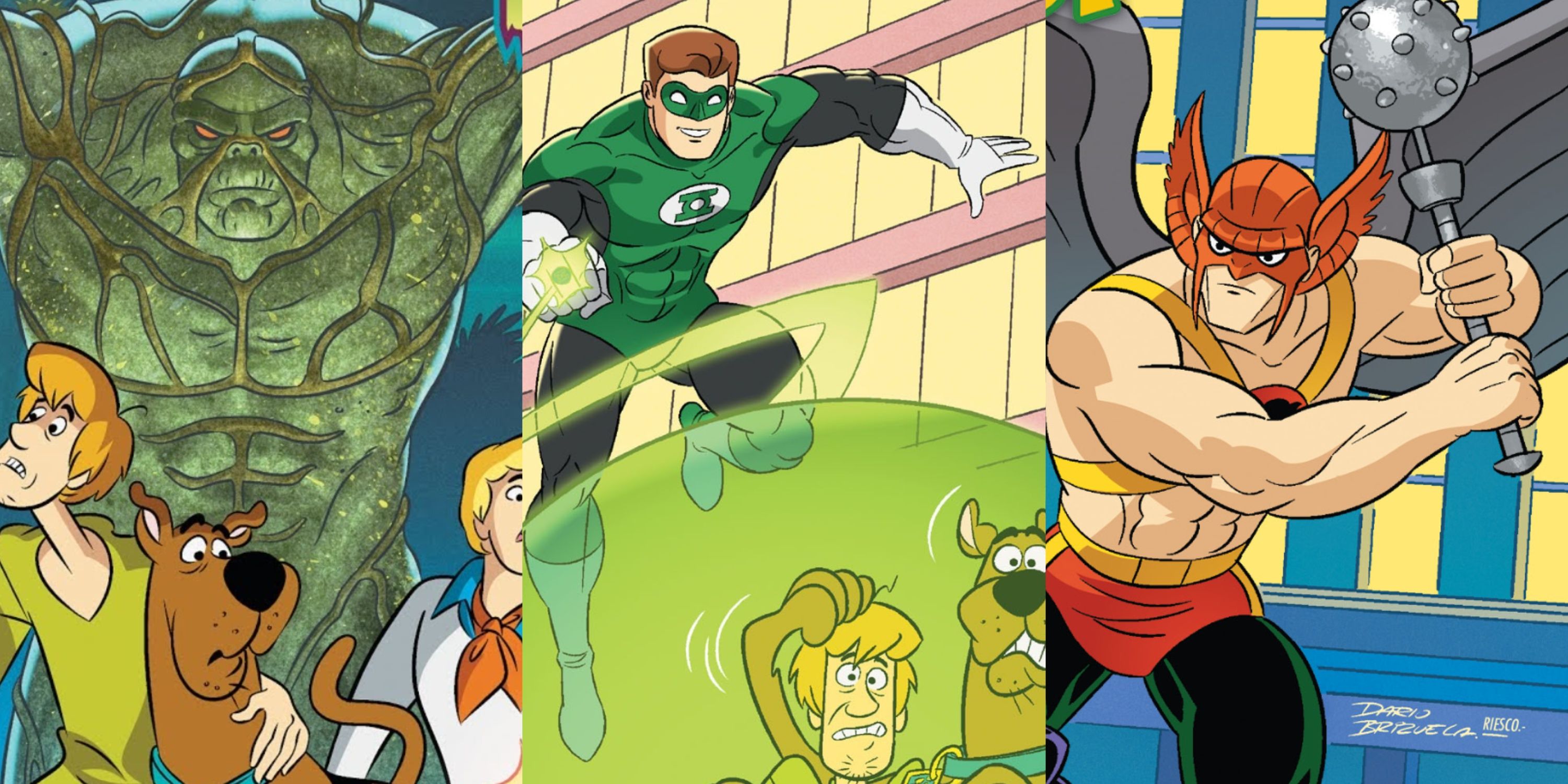 Split image of Scooby-Doo with Swamp Thing, Green Lantern, and Hawkman in DC Comics