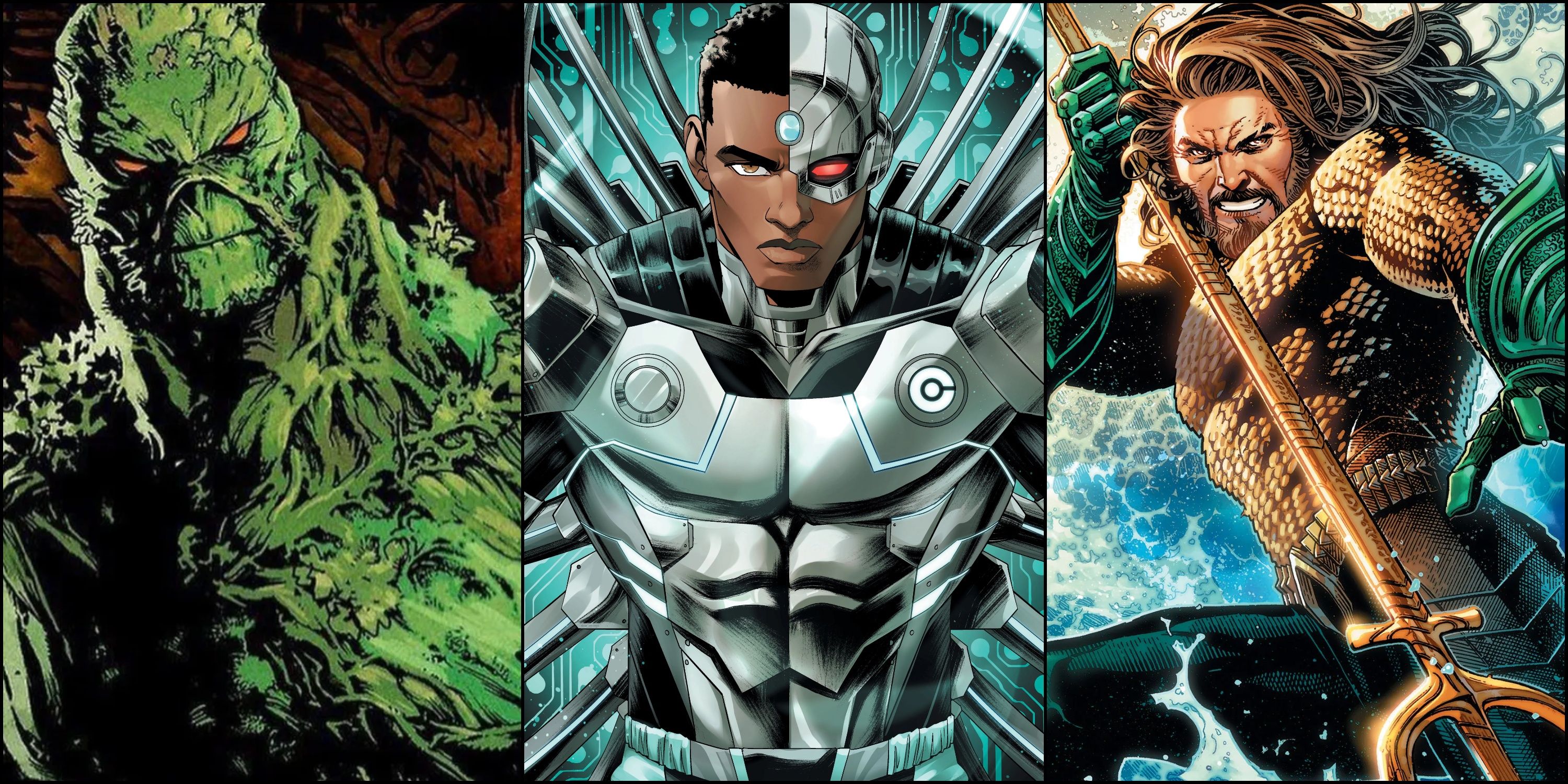 Split image Swamp Thing, Cyborg, Aquaman