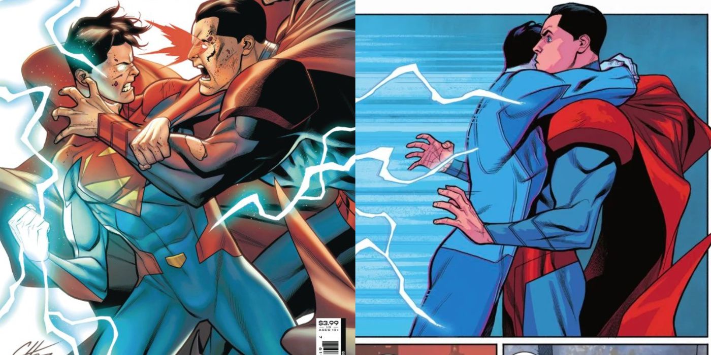 A split image of Adventures of Superman Jon Kent 6 and Superman hugging Injustice Superman