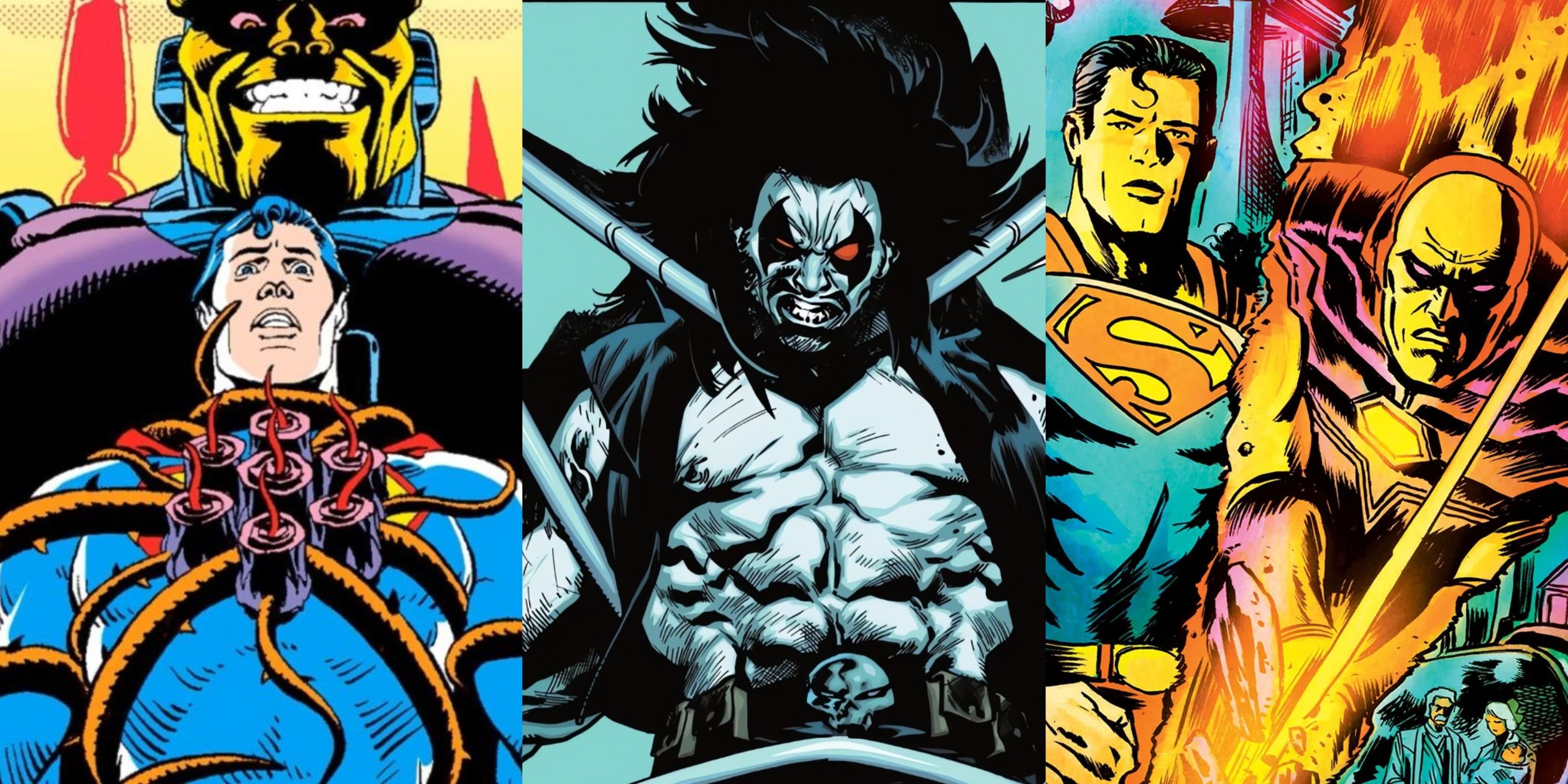 Split image Mongul and Superman black mercy, Lobo, Mongul and Superman