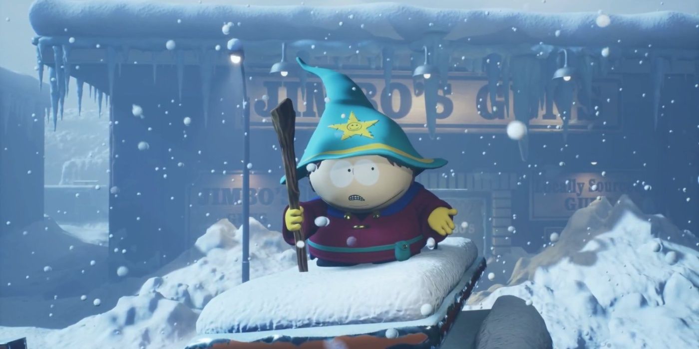 South Park: Snow Day image showing Cartman in a wizard outfit standing on top of a building.