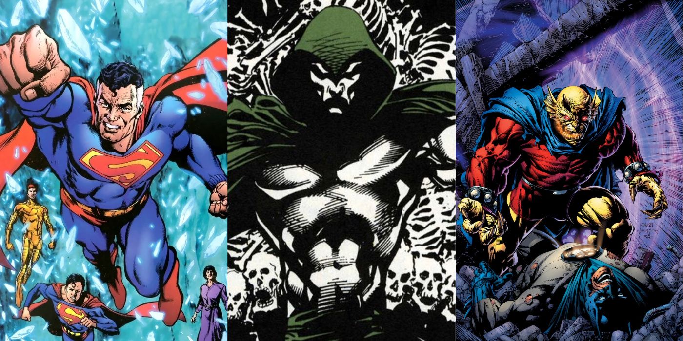 A split image of Earth-2 Superman, the Spectre, and Etrigan