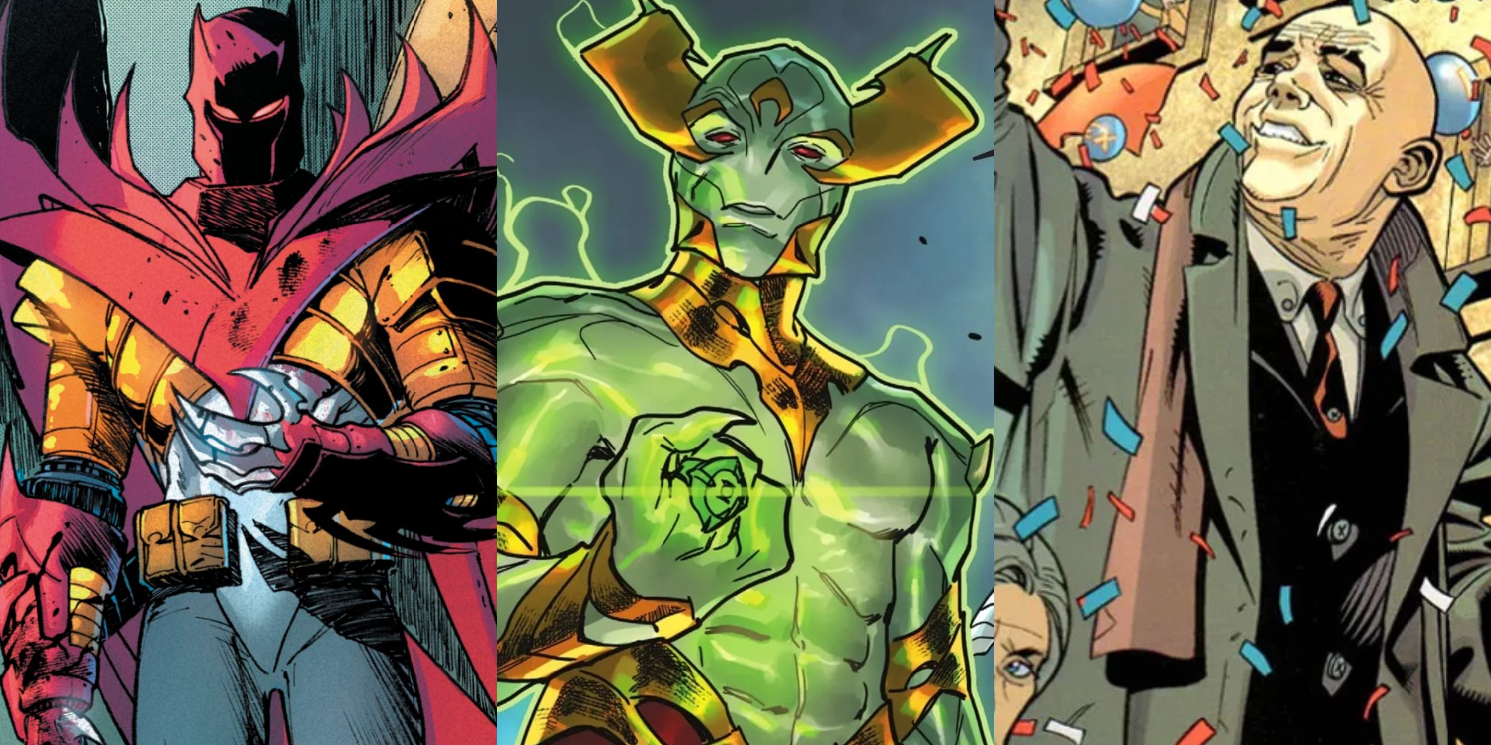 Split image Azrael Batman, King Protex, President Lex Luthor in DC Comics