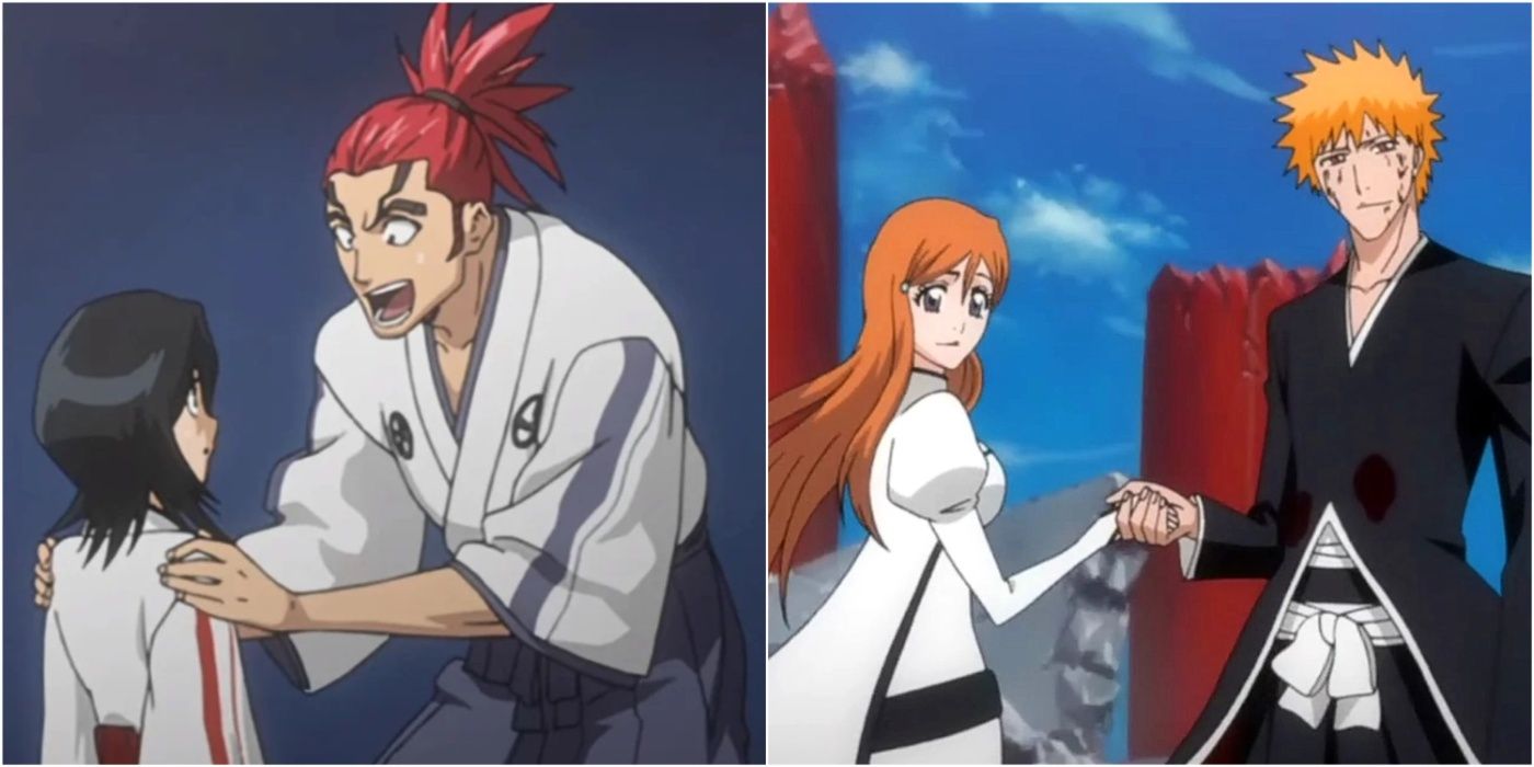A split panel image showing Renji holding Rukia's shoulders; and Ichigo holding hands with Orihime