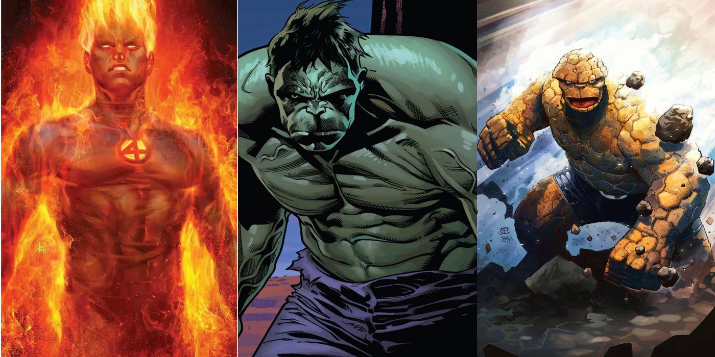 A split image of Human Torch, Hulk, and the Thing in Marvel Comics