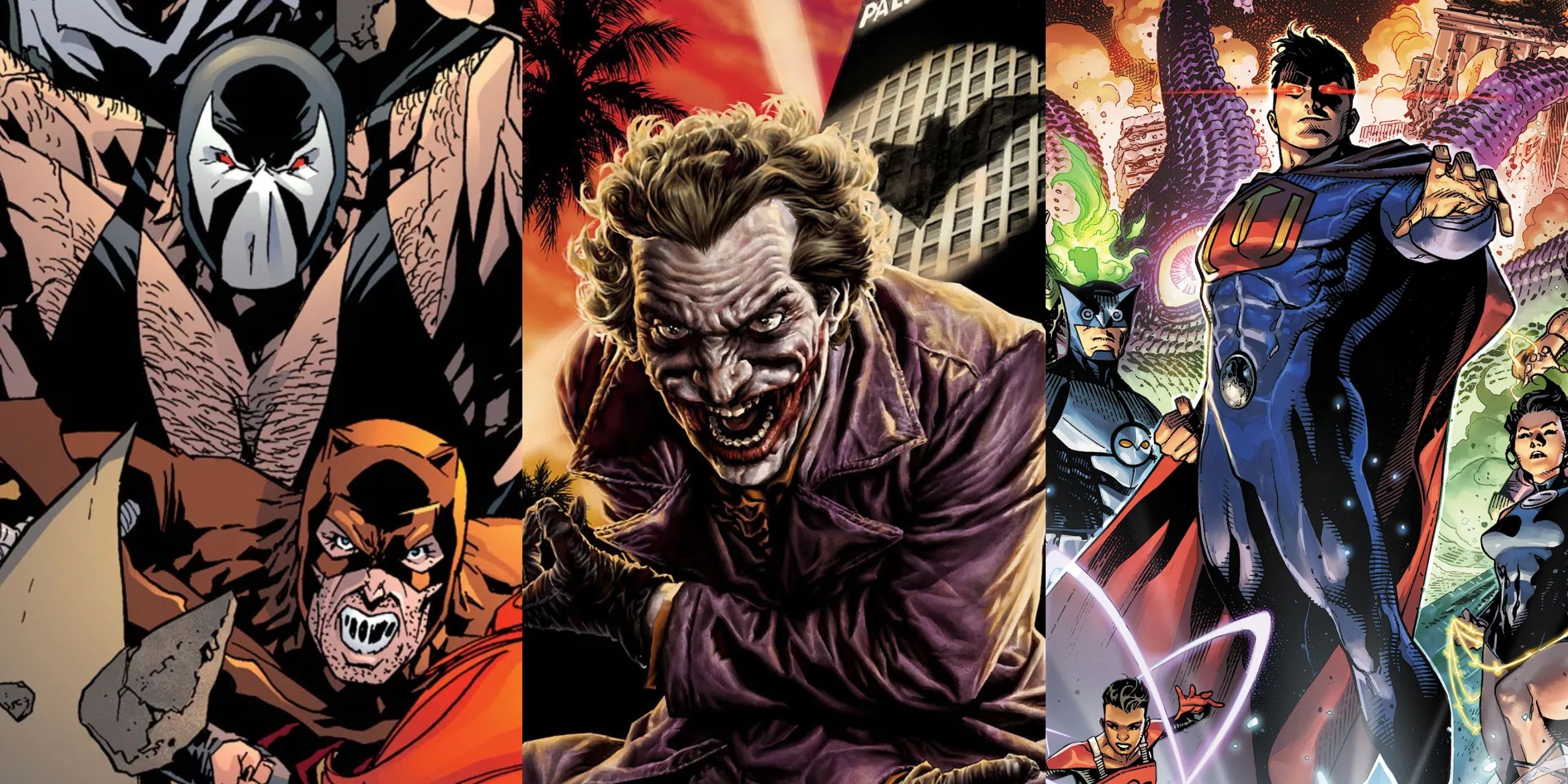 Split image Bane and Catman in Secret Six, Joker, Ultraman and Crime Syndicate