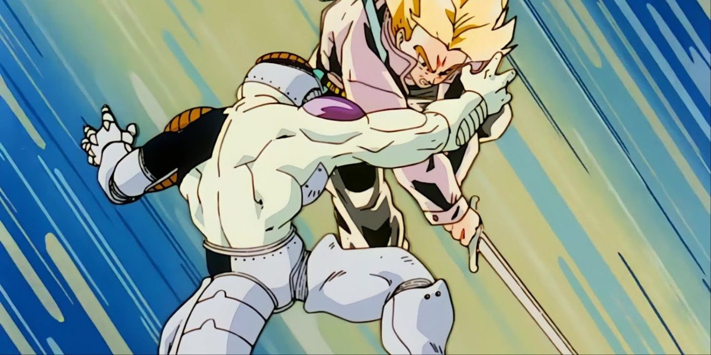 Future Trunks cuts Mecha-Frieza in half in Dragon Ball Z.