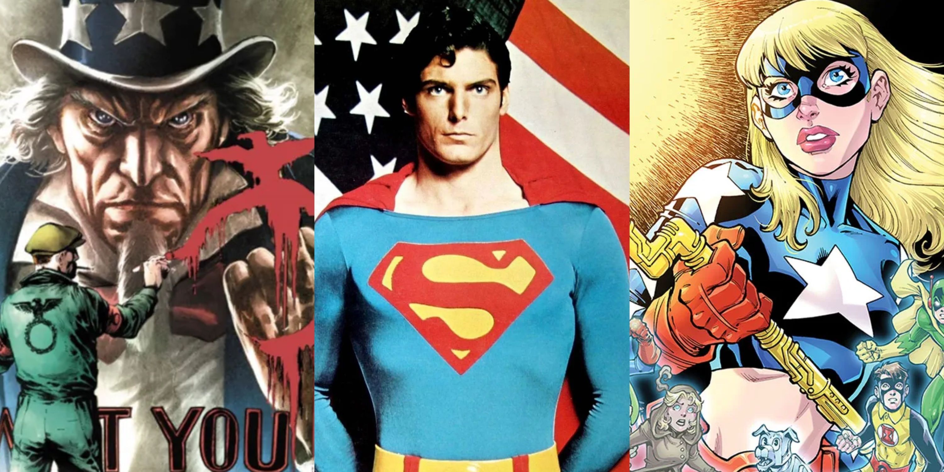 Split image Uncle Sam, Superman, Stargirl