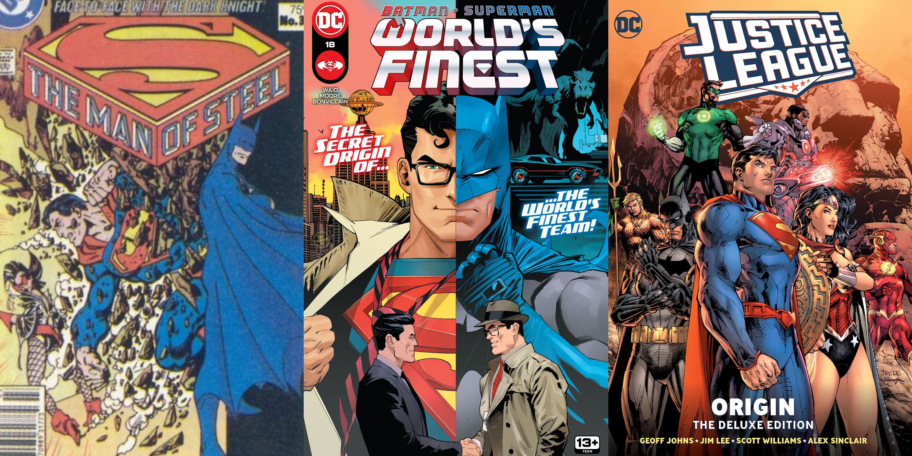 A split image of Man Of Steel #3, Batman/Superman: World's Finest #18, and Justice League: Origin