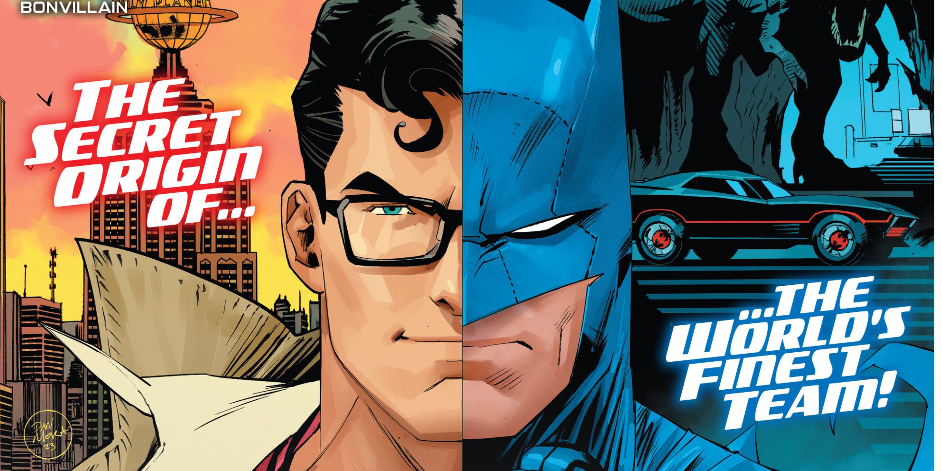 A split image of Superman and Batman