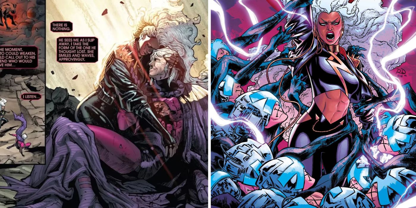 A split image of Storm cradling a dying Magneto and Storm fighting her way out of a bunch of Professor Xs