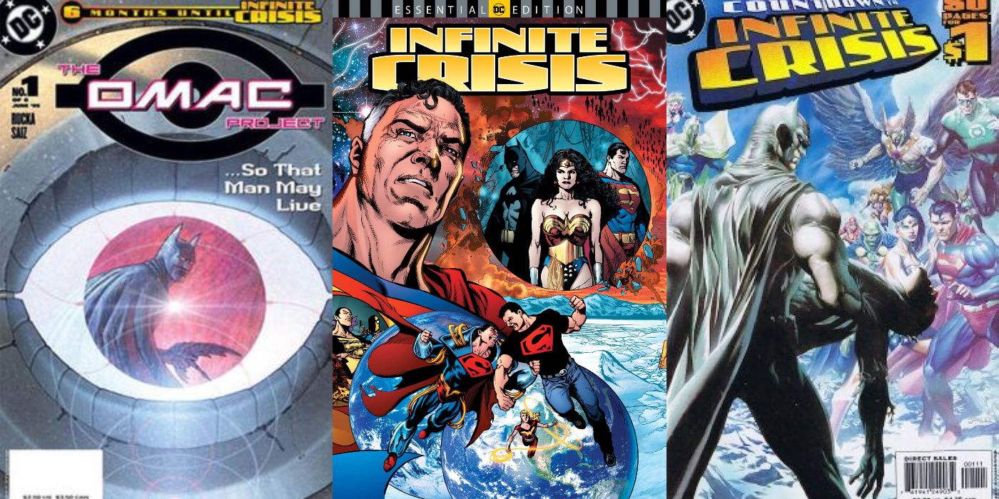 A split image of The OMAC Project, Infinite Crisis, and the Countdown to Infinite Crisis