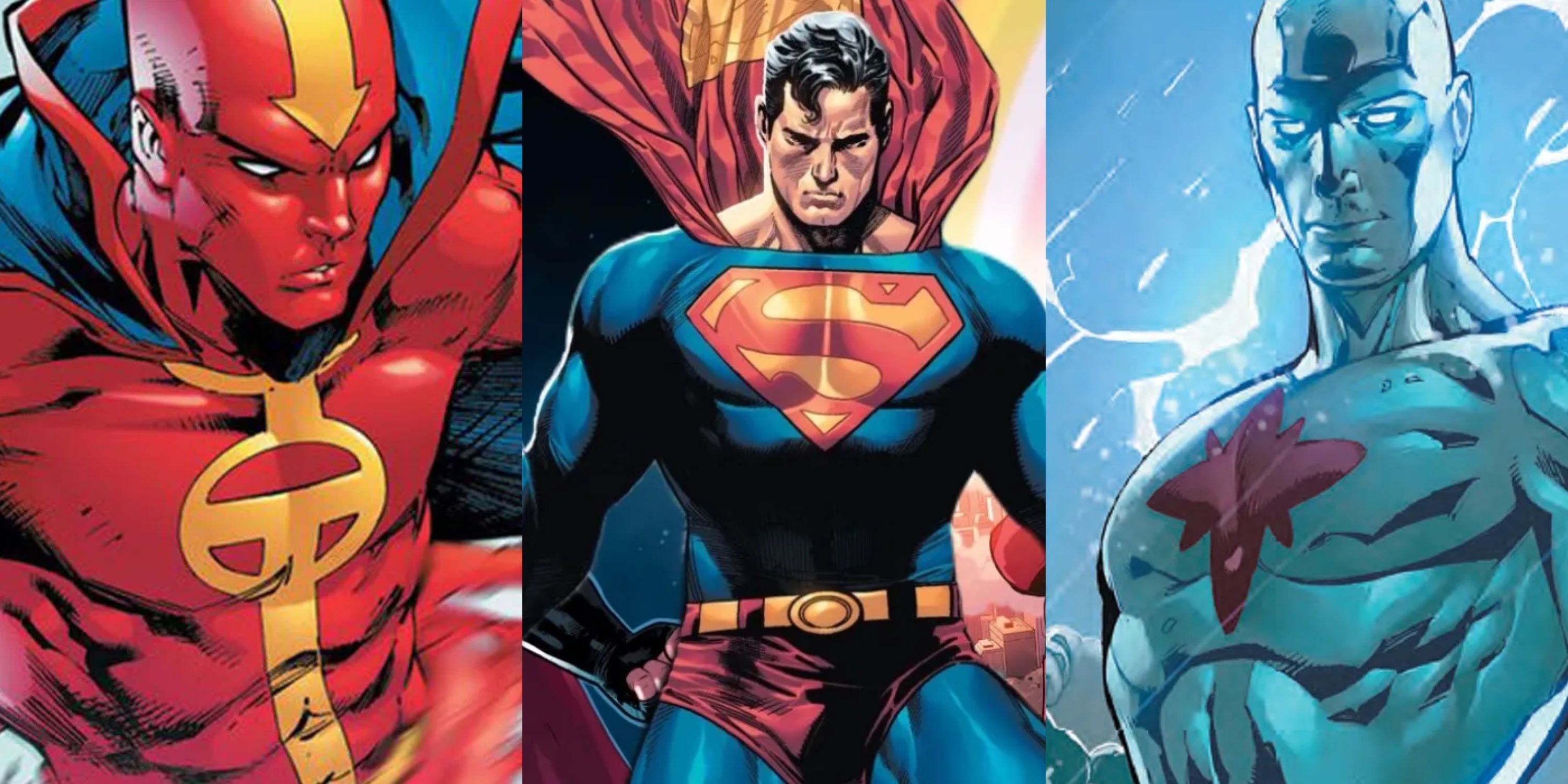 Split image Red Tornado, Superman and Captain Atom in DC Comics