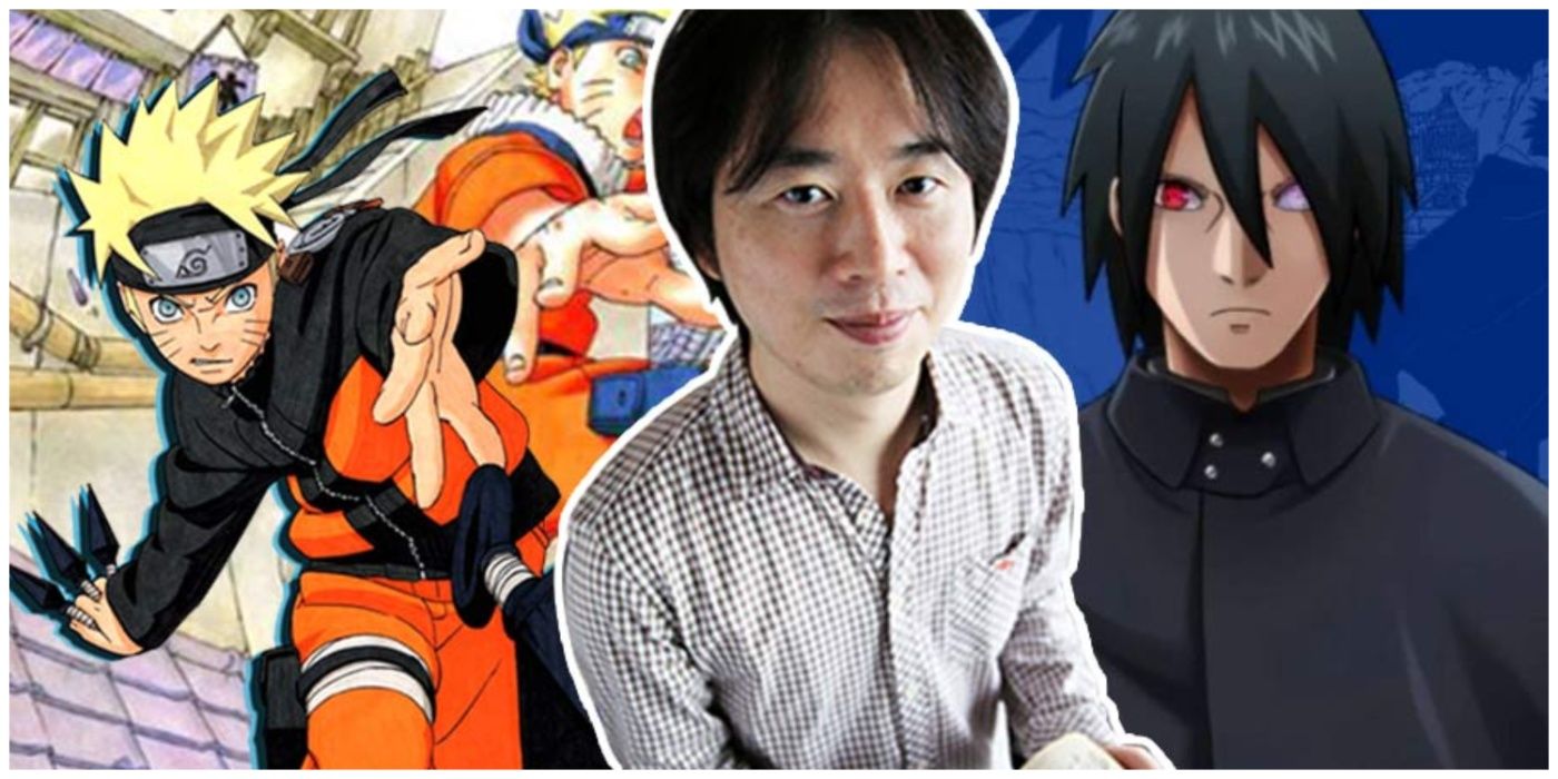 Masashi Kishimoto, creator of Naruto, in front of Naruto and Sasuke