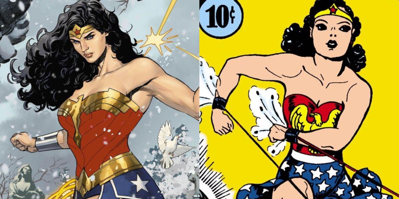 A split image of Wonder Woman in the Modern Era and the Golden Age of DC Comics