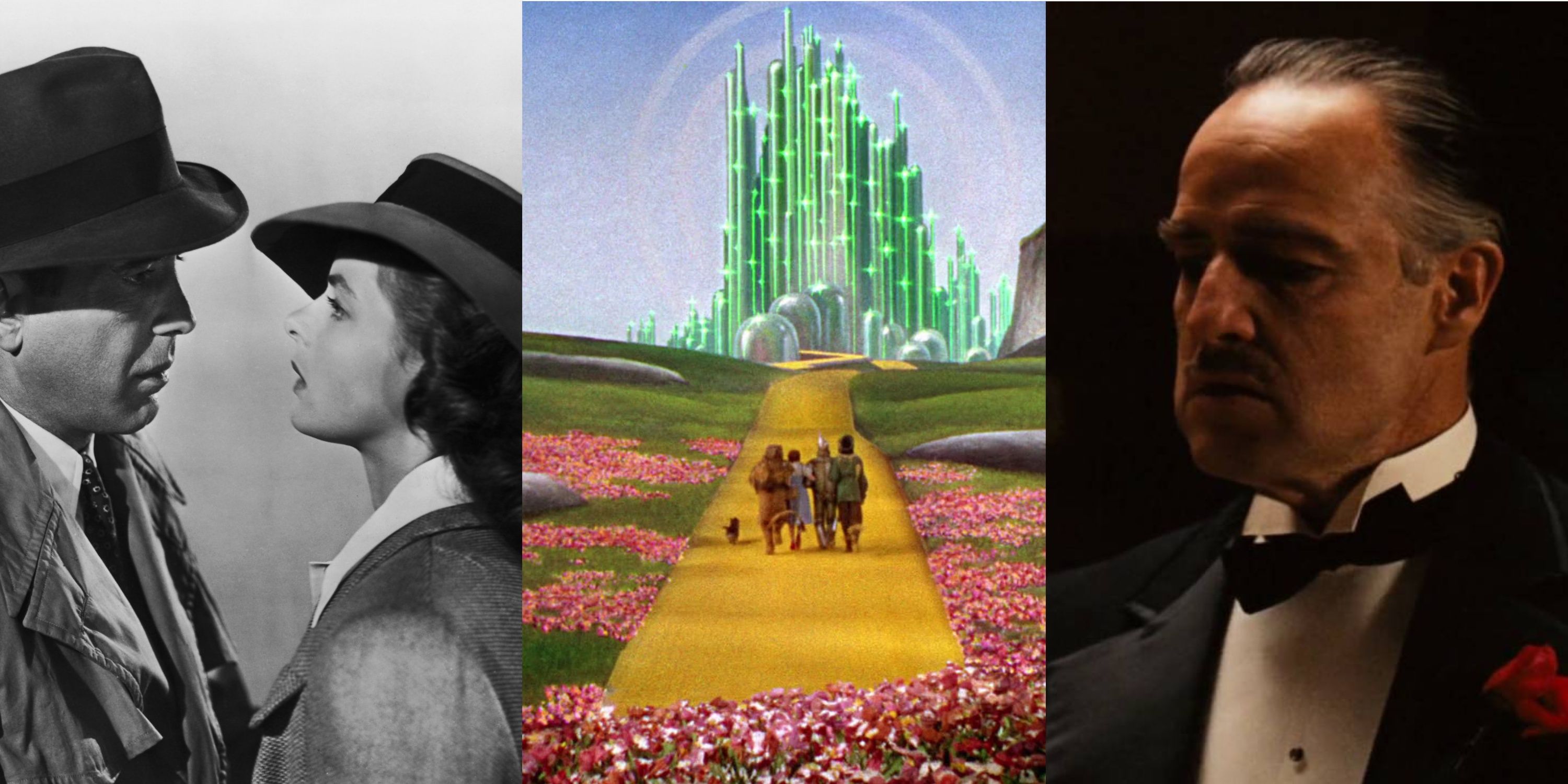 Uma imagem dividida de Casablanca, Mágico de Oz e O Poderoso Chefão 