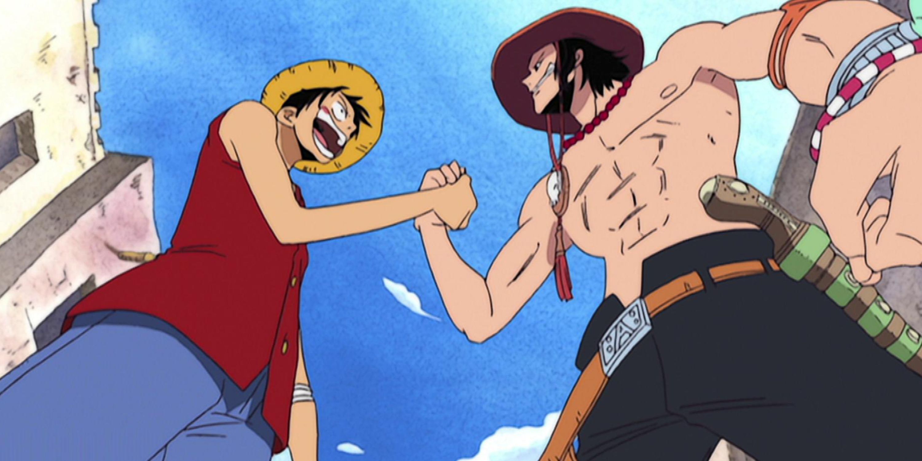 Monkey D. Luffy clasps hands with Portgas D. Ace during One Piece's Alabasta Arc