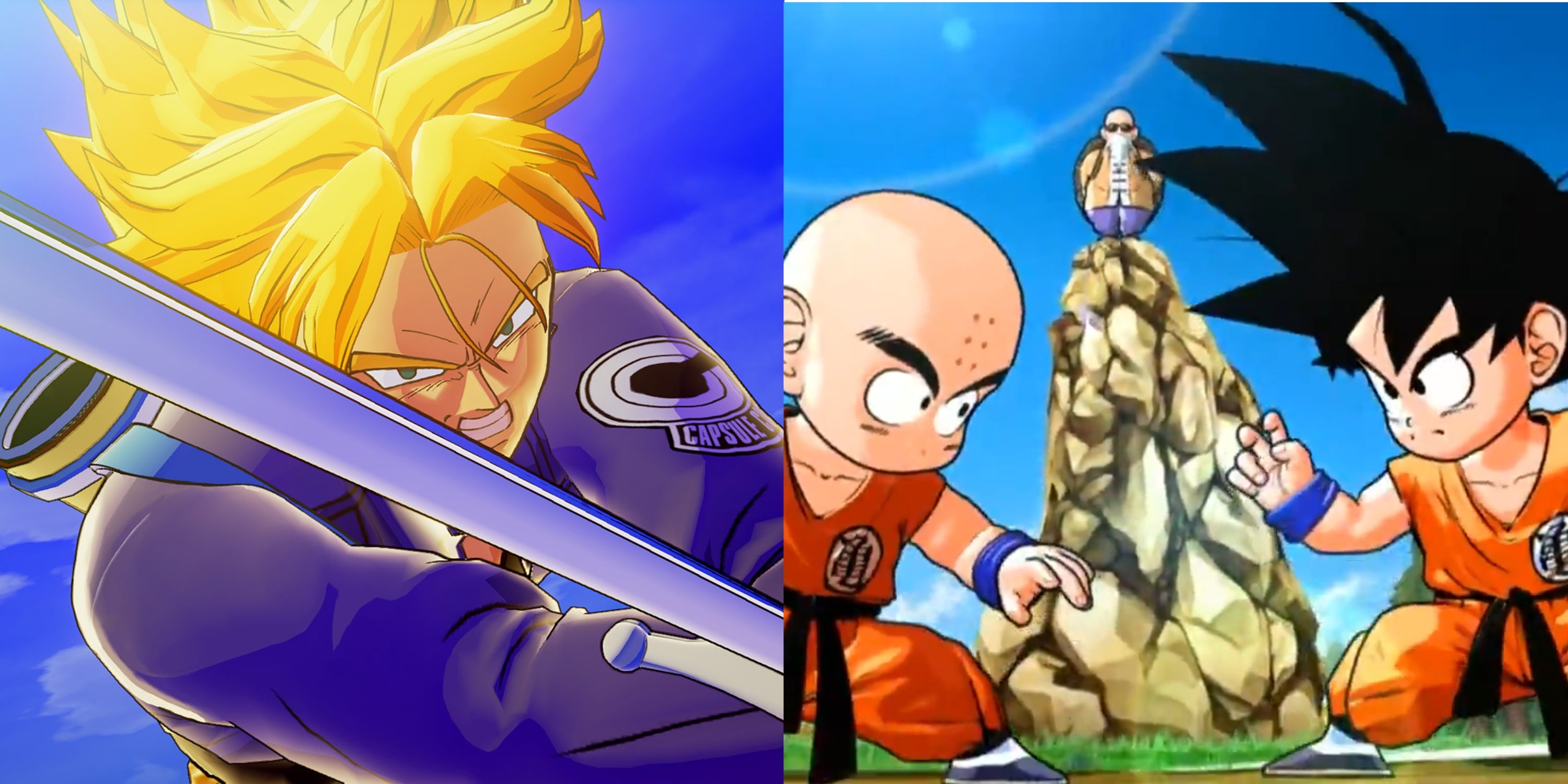 A split image featuring Trunks, Krillin, Master Roshi, and Goku from Dragon Ball Z video games