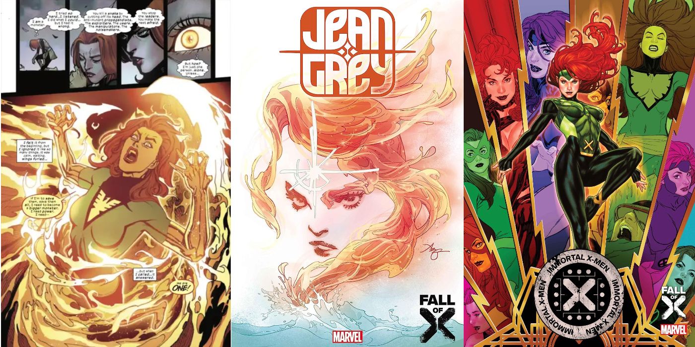 A split image of Jean Grey in the past getting the Phoenix Force