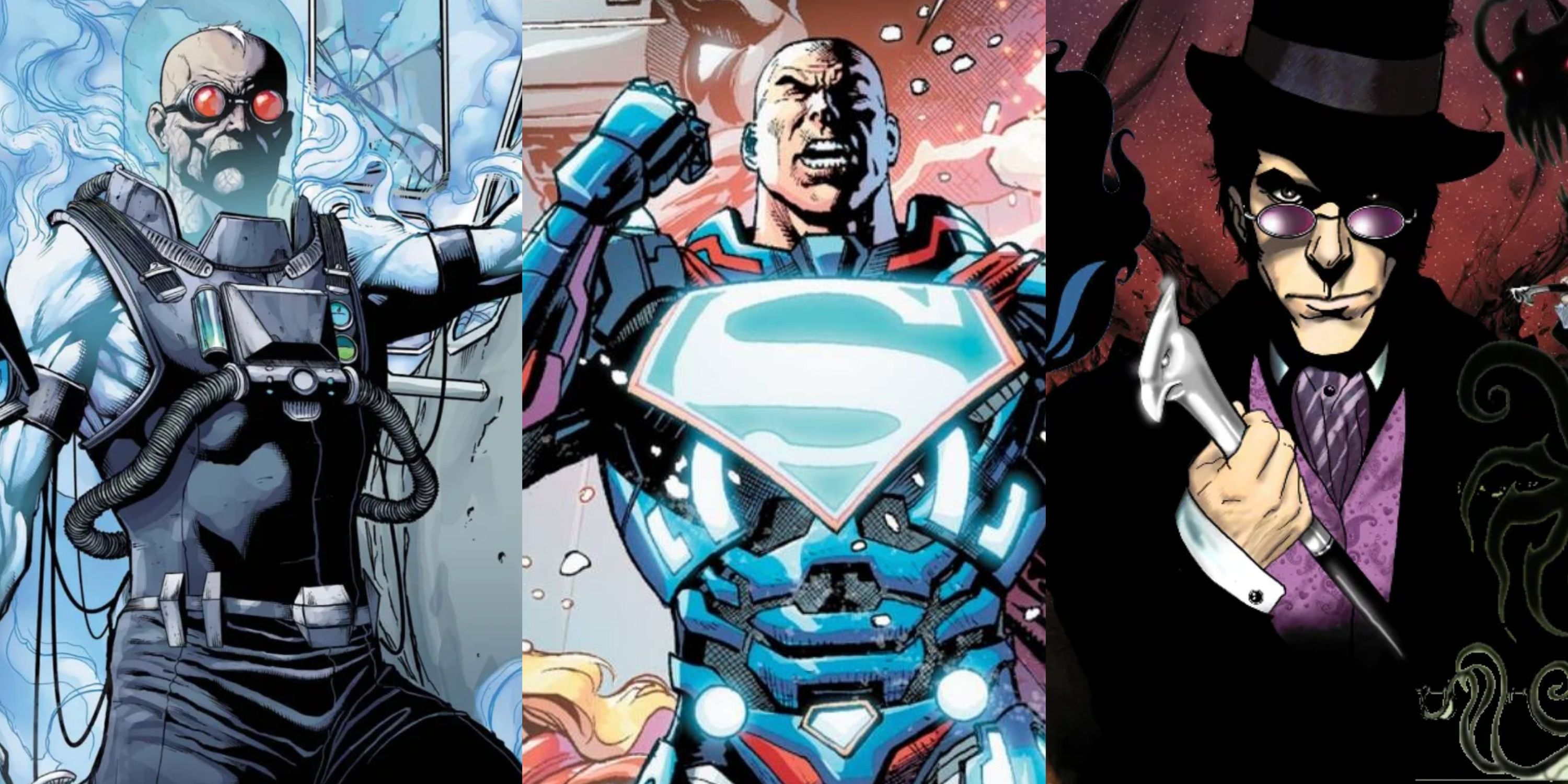 Split image New 52 Mr Freeze, Lex Luthor in his robotic Superman suit, The Shade in DC Comics