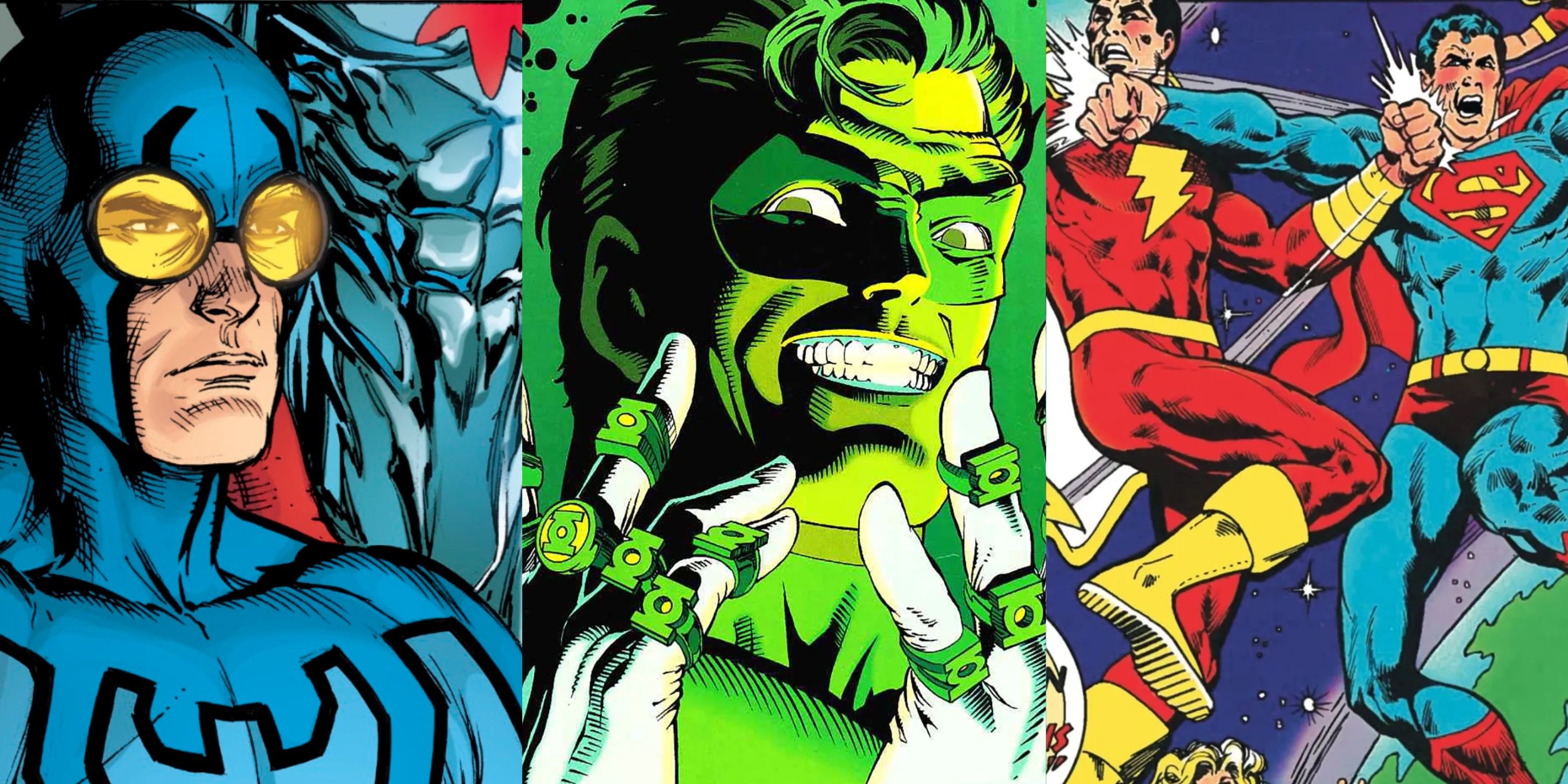 Split image Ted Kord Blue Beetle, Hal Jordan Green Lantern, Superman vs Shazam