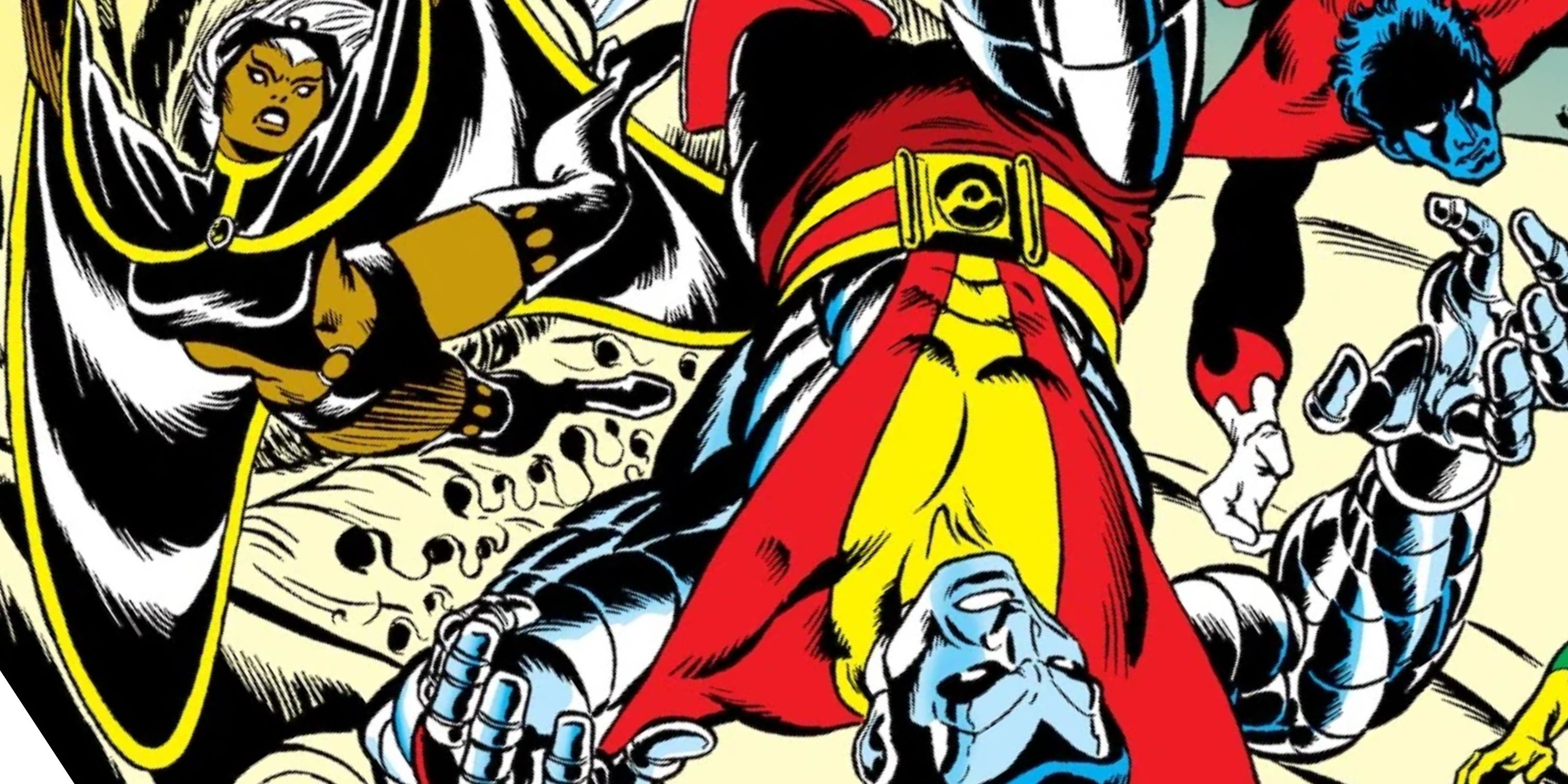 Storm, Colossus, and Nightcrawler falling in X-Men comics