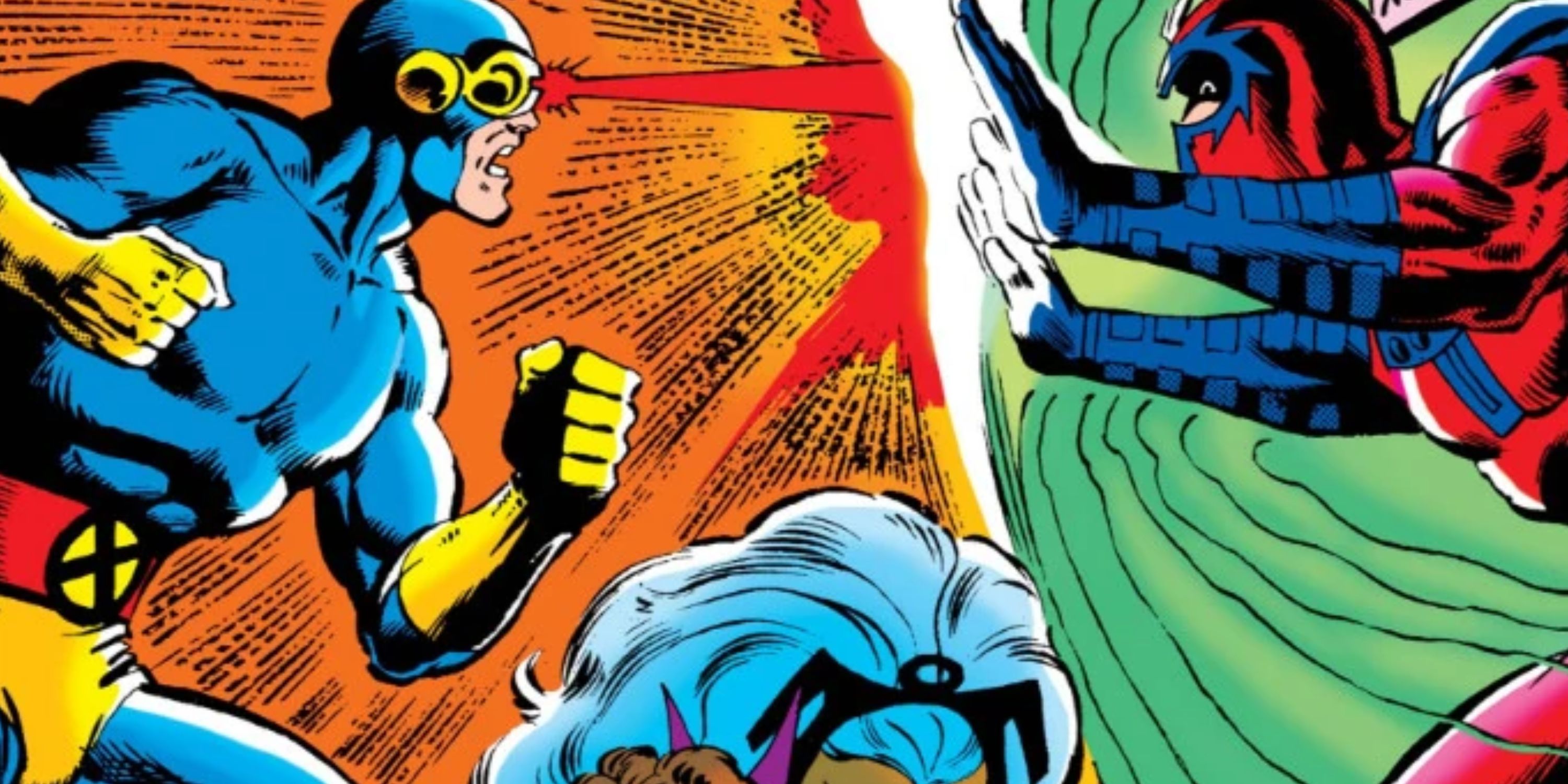 Cyclops blasting Magneto's magnetic force field in X-Men comics