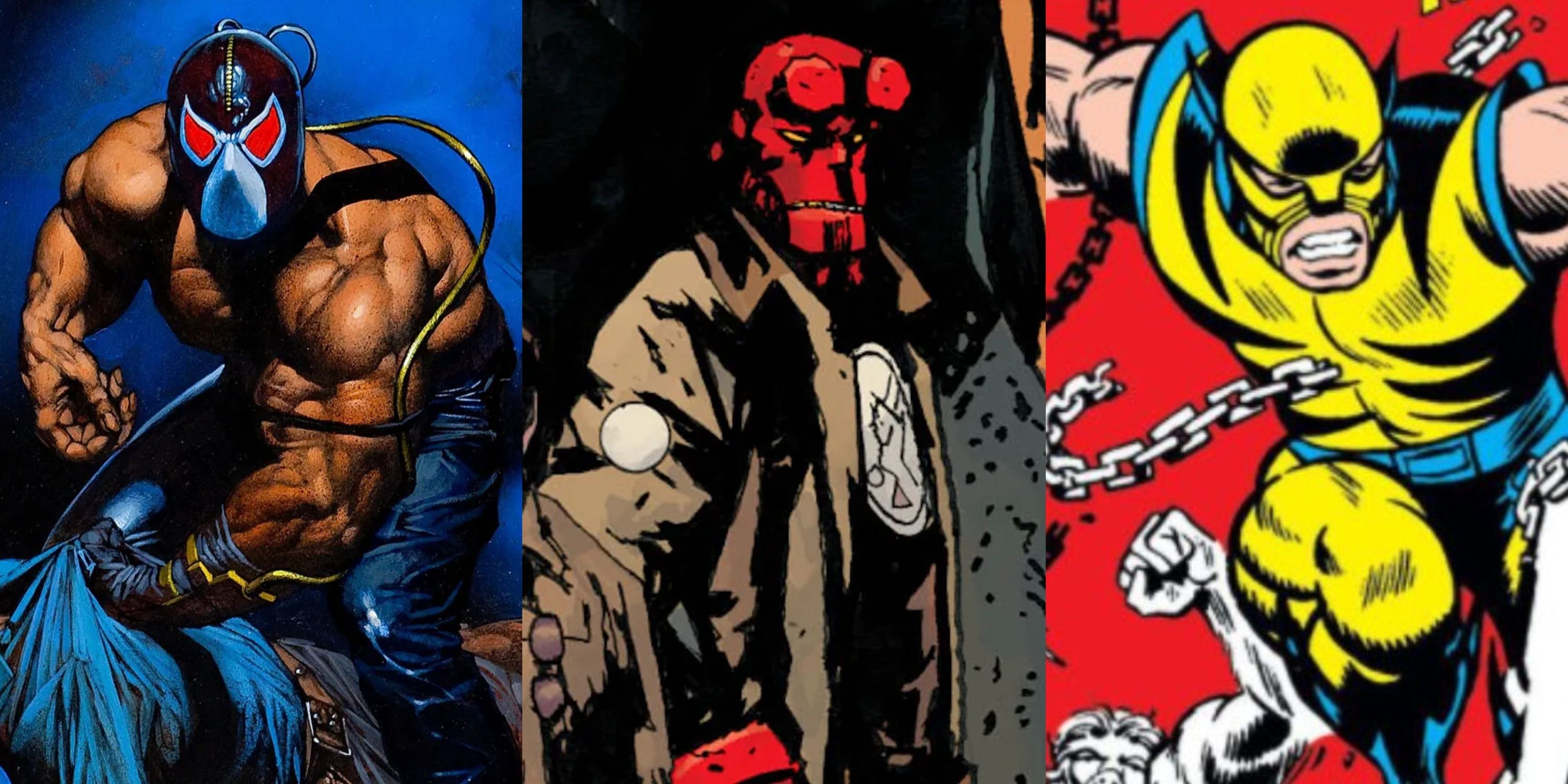 Split image of first appearances for Bane, Hellboy and Wolverine in comics