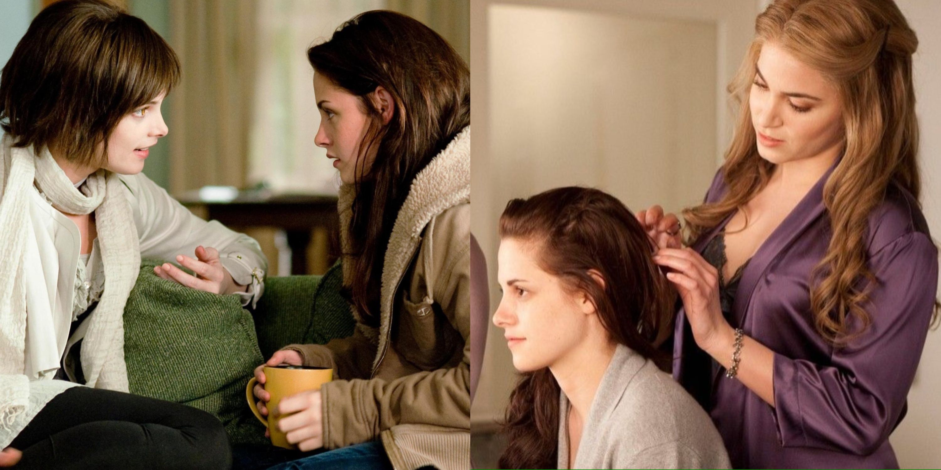 Split image of Alice and Bella talking, and Rosalie fixing Bella's hair in Twilight.
