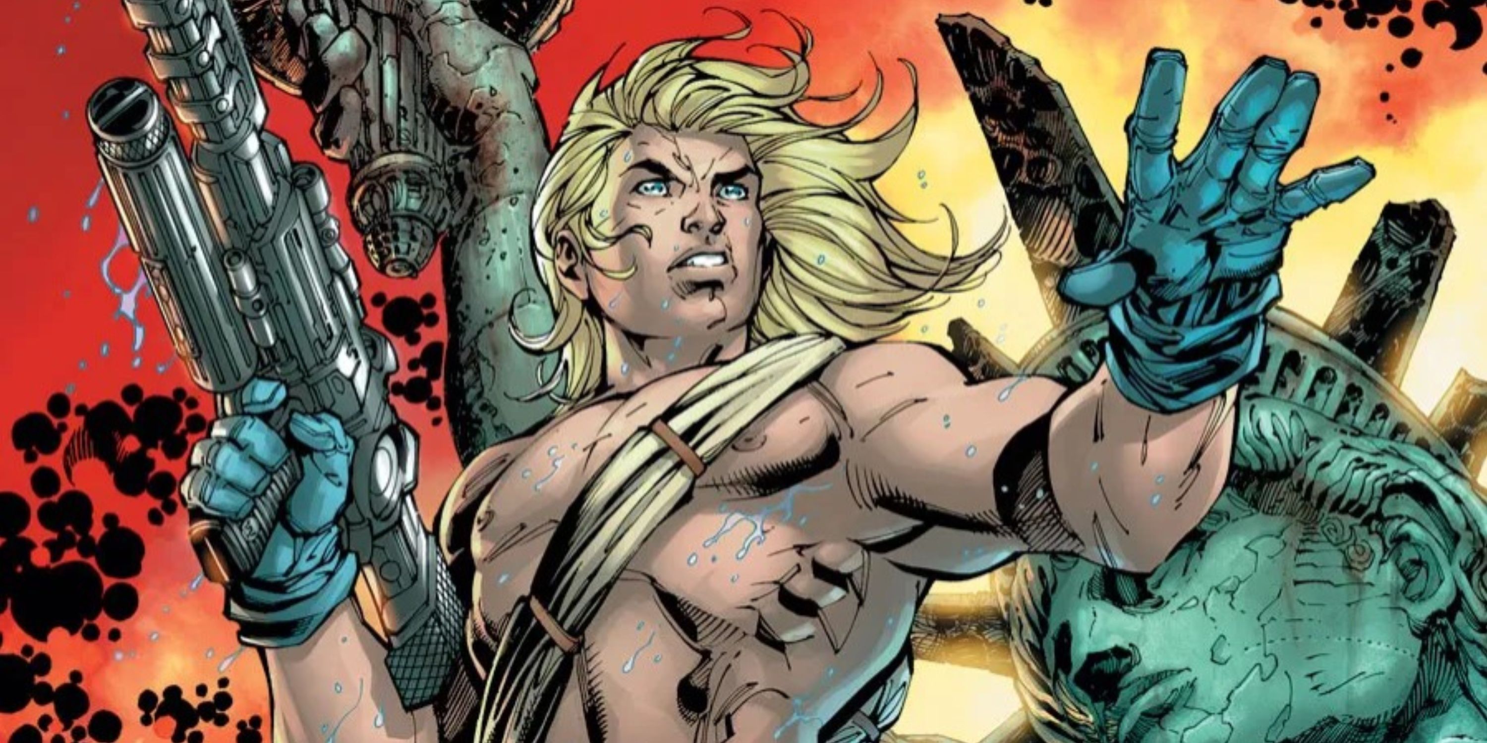 Kamandi sostiene un arma mientras está frente a la estatua de la libertad en DC Comics.