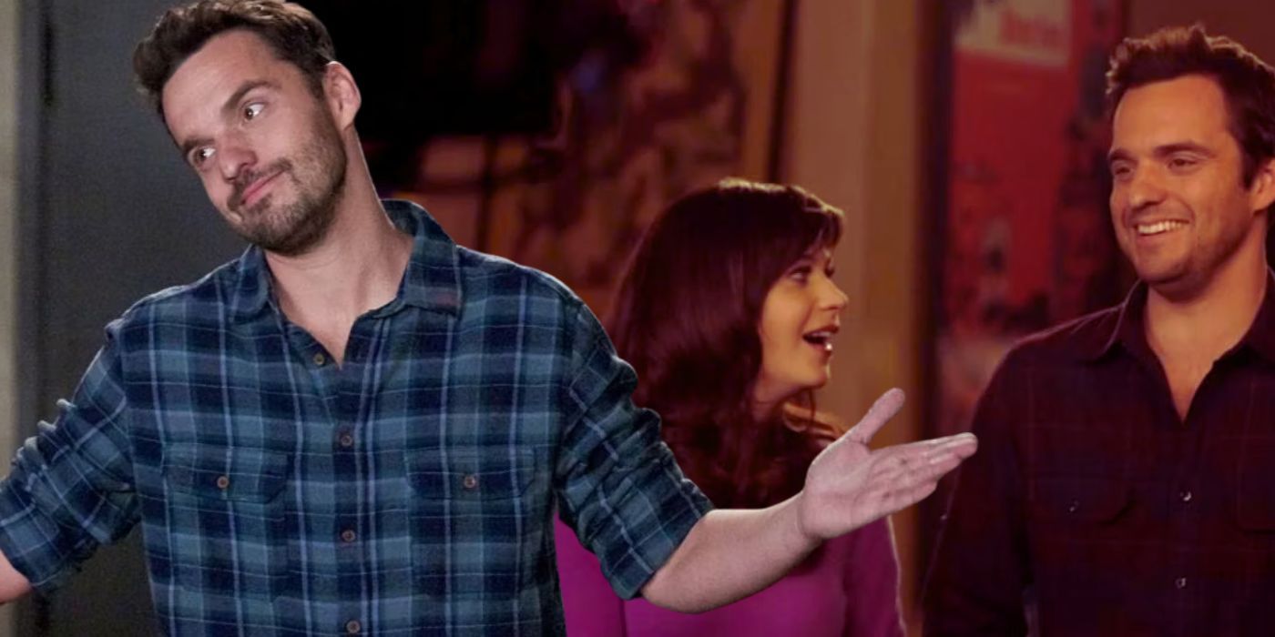 Collage of Nick and Jess and Nick laughing in New Girl