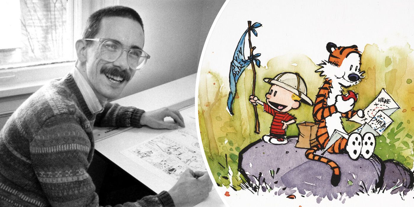 A picture of Bill Watterson next to a drawing of Calvin and Hobbes exploring