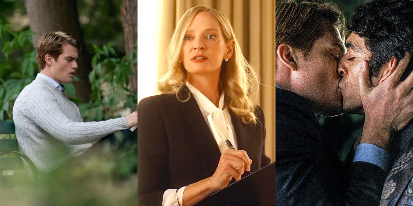 Nicholas Galitzine as Prince Henry reading in a park, Uma Thurman as President Ellen Claremont talking in the Oval Office, and Nicholas Galitzane and Taylor Zakhar Perez as Prince Henry and Alex Claremont-Diaz kissing