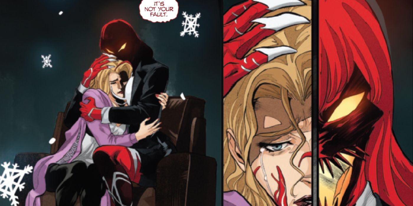 Liz Allan being comforted by the Misery symbiote after coming to terms with Harry Osborn's abuse