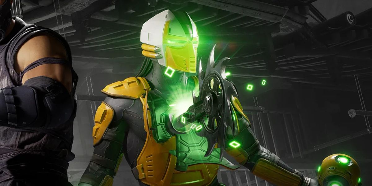 Cyrax Kameo with a spinning buzzsaw protruding from his chest cavity in Mortal Kombat 1