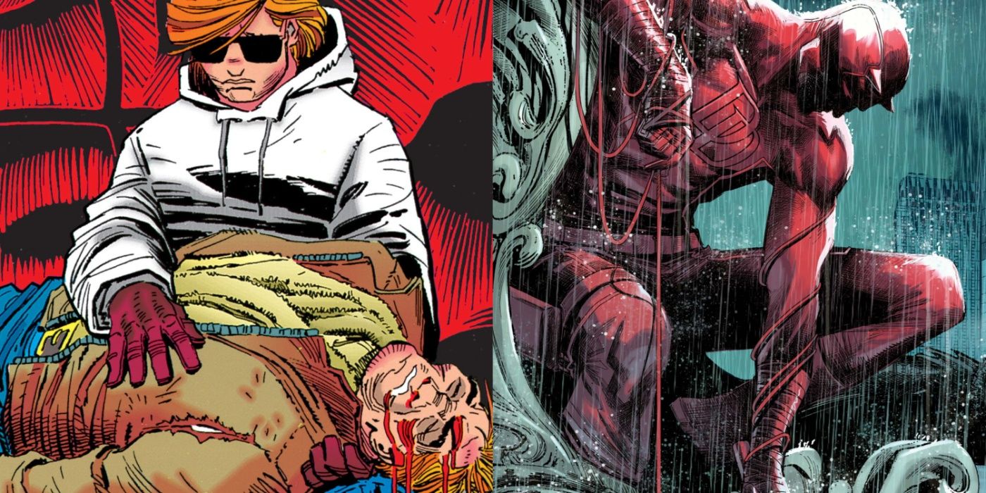 Split image of Matt mourning his murdered father and as Daredevil brooding in the rain.