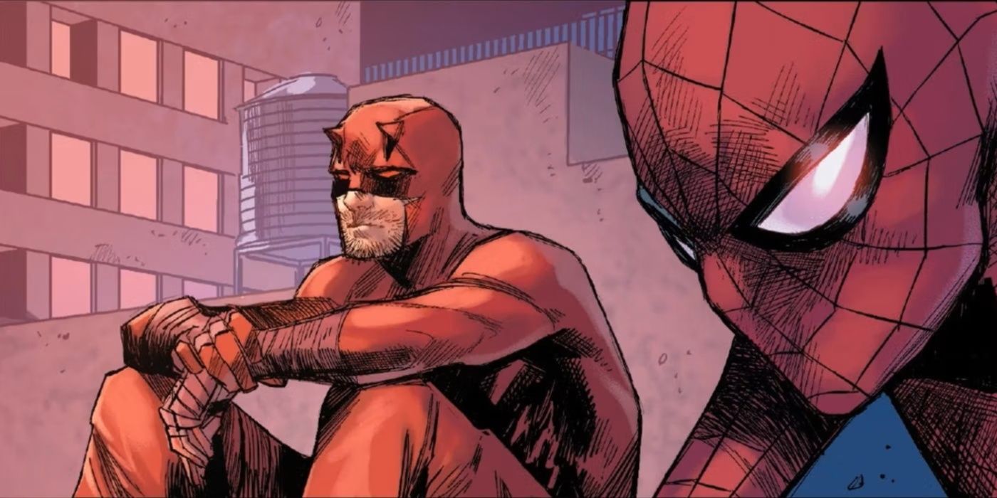 Demolidor e Homem-Aranha sentados juntos no telhado de Hell's Kitchen.