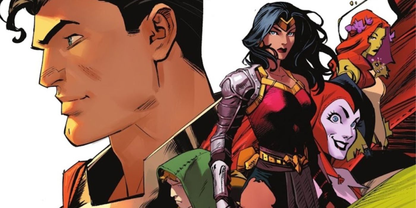 Superman, Wonder Woman, Green Arrow, Harley Quinn and Poison Ivy in Dark Knights of Steel #12