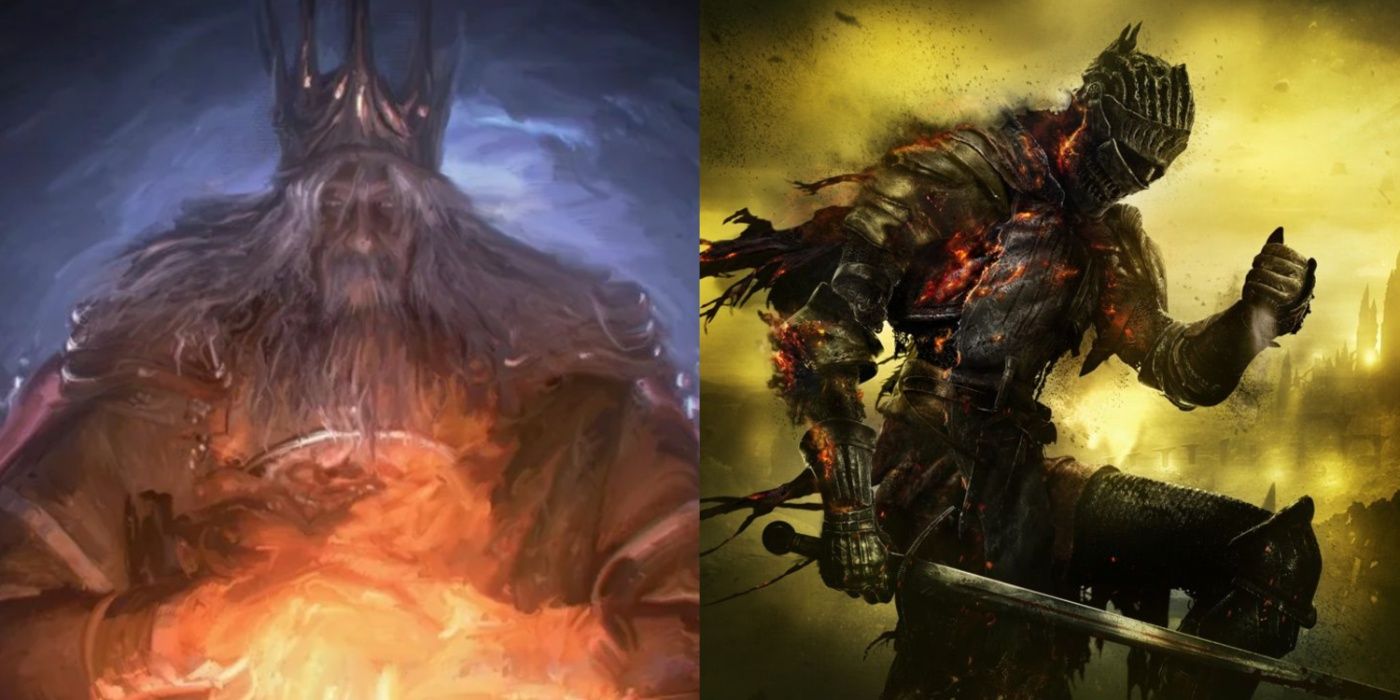 Split image of Gwyn linking the first flame in Dark Souls and the Ashen One in Dark Souls 3 key art.