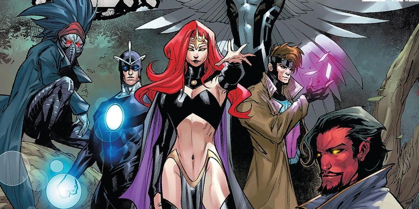 Madelyne Pryor standing among her team of Dark X-men and various other mutant heroes
