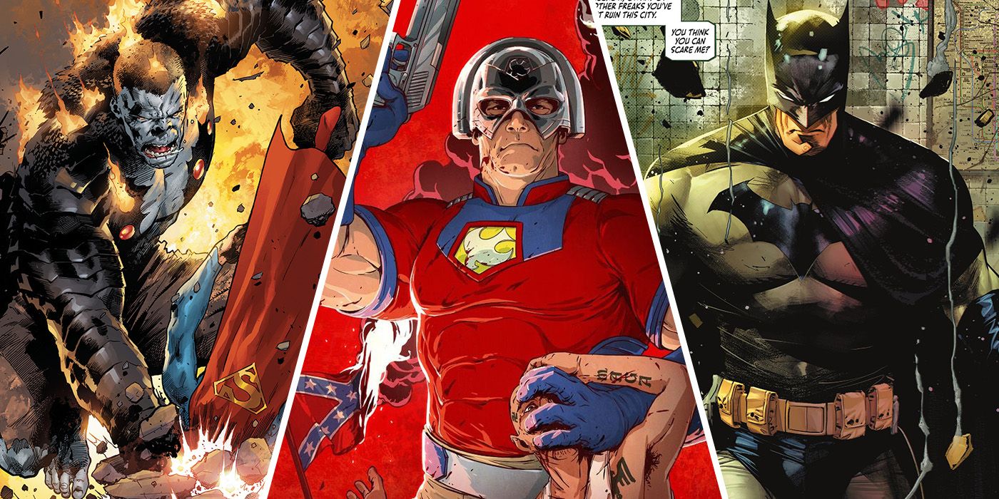 split image: Damage and Batman from DC Comics and John Cena Peacemaker