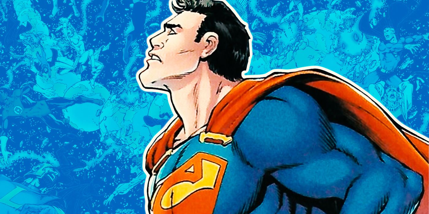 Superman assistindo ao colapso do Multiverso em Crise nas Infinitas Terras da DC Comics