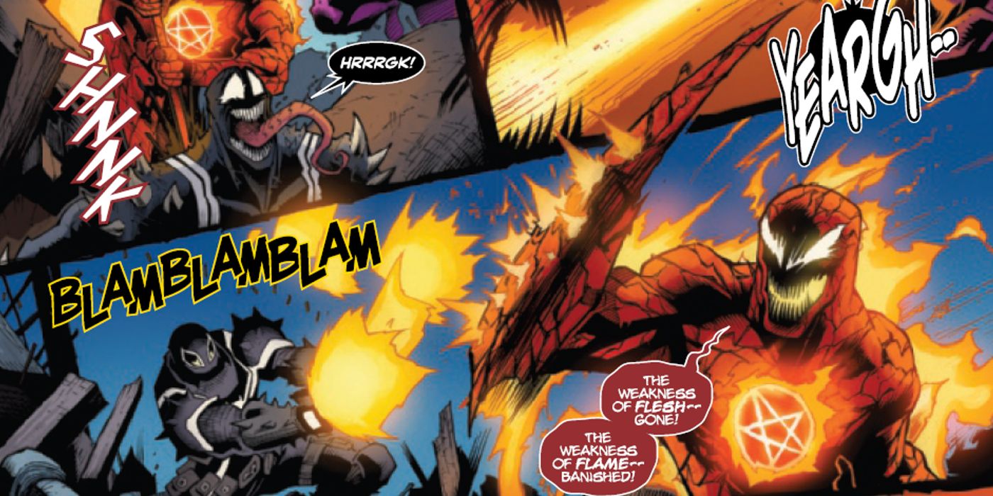 carnificina liberando seu fogo do inferno sobre o agente Venom e seus aliados interdimensionais