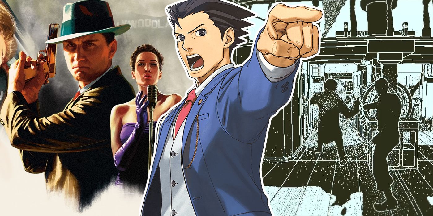 Collage of images from the games L.A. Noire, Phoenix Wright: Ace Attorney and Return of the Obra Dinn