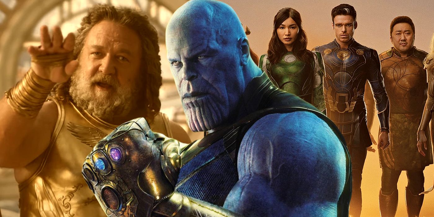 Split Image: Zeus (Russell Crowe); Thanos (Josh Brolin); and the Eternals in the MCU